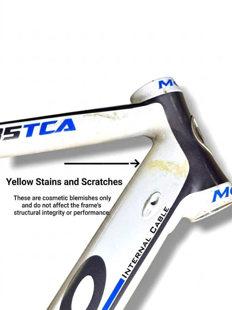 Mosso aluminum frame, white with blue trim, 700c, 52cm frame height, frame material only (NO FORK) (minor scratches and light yellow staining, performance/quality unaffected) for bicycles