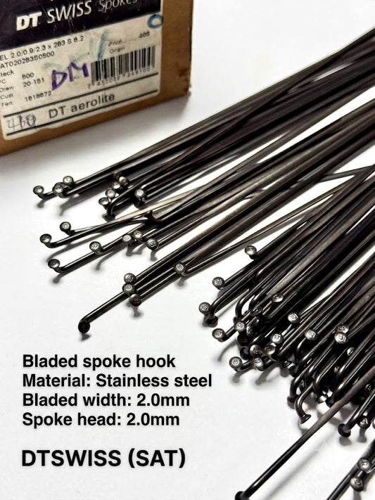 DT Swiss (SAT) black stainless steel bladed J-bend bike spokes with standard brass nipples included