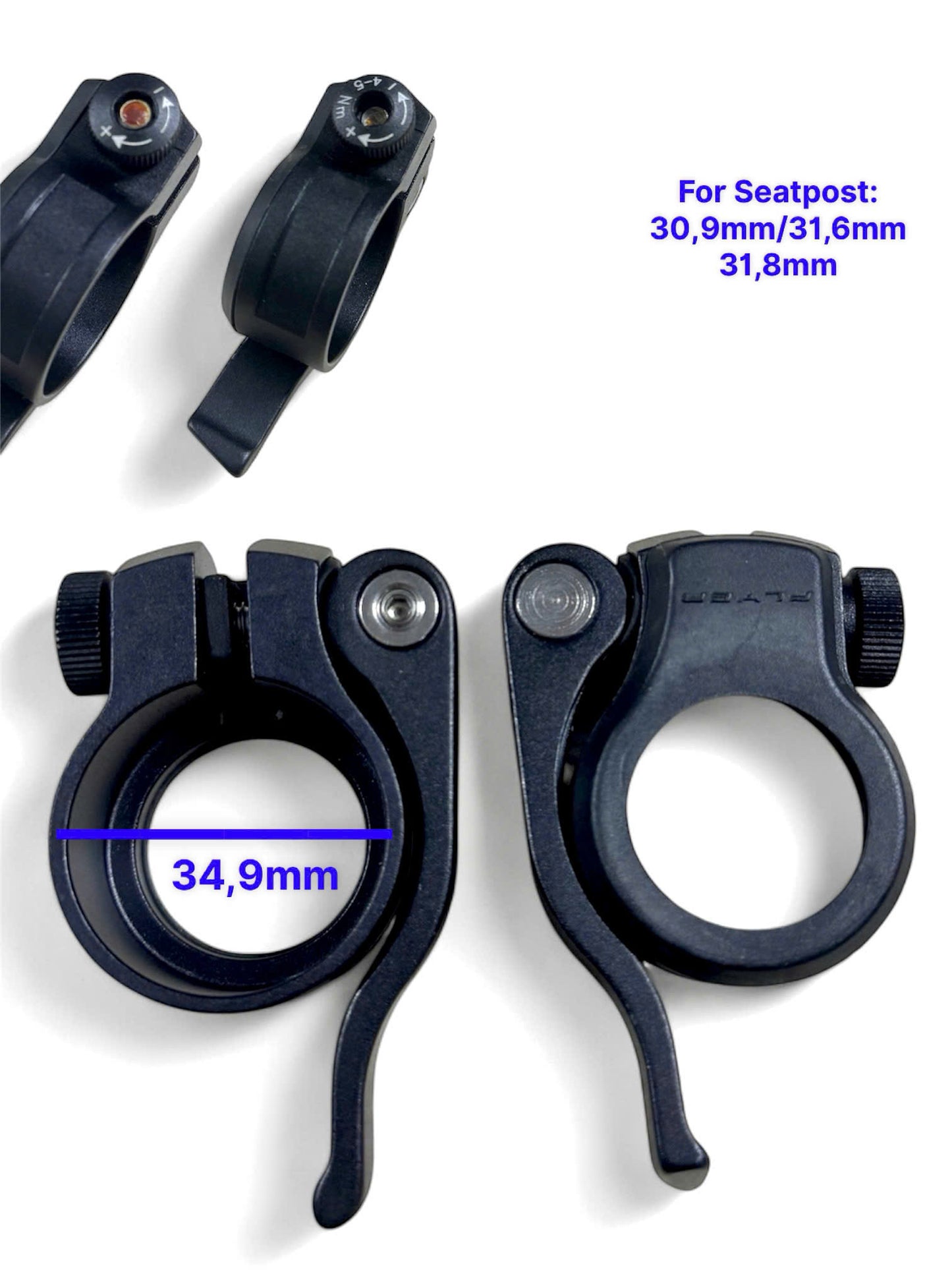 Aluminum seatpost clamp with QR code snap-on for bicycles, high quality.