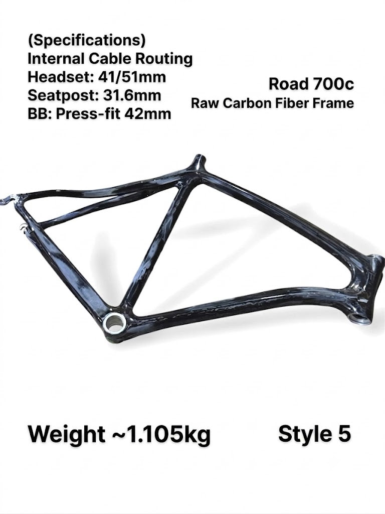 Unpainted/Raw 700c Carbon Road Bike Frame (Seat Tube 56cm x Top Tube 55cm) - TYPE 5 (FORK NOT INCLUDED) - Please read description carefully - For bicycles