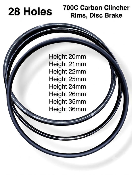 700C Carbon Raw Finish Disc Brake Rim - 28H (See options for depth and inner width)