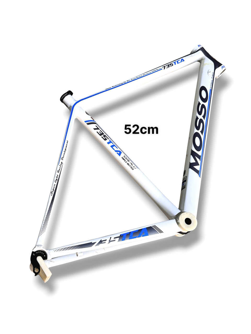 Mosso aluminum frame, white with blue trim, 700c, 52cm frame height, frame material only (NO FORK) (minor scratches and light yellow staining, performance/quality unaffected) for bicycles