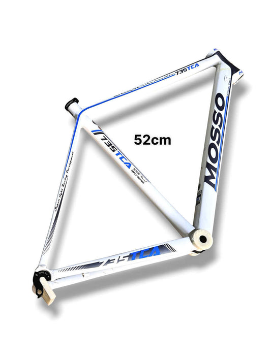 Mosso aluminum frame, white with blue trim, 700c, 52cm frame height, frame material only (NO FORK) (minor scratches and light yellow staining, performance/quality unaffected) for bicycles