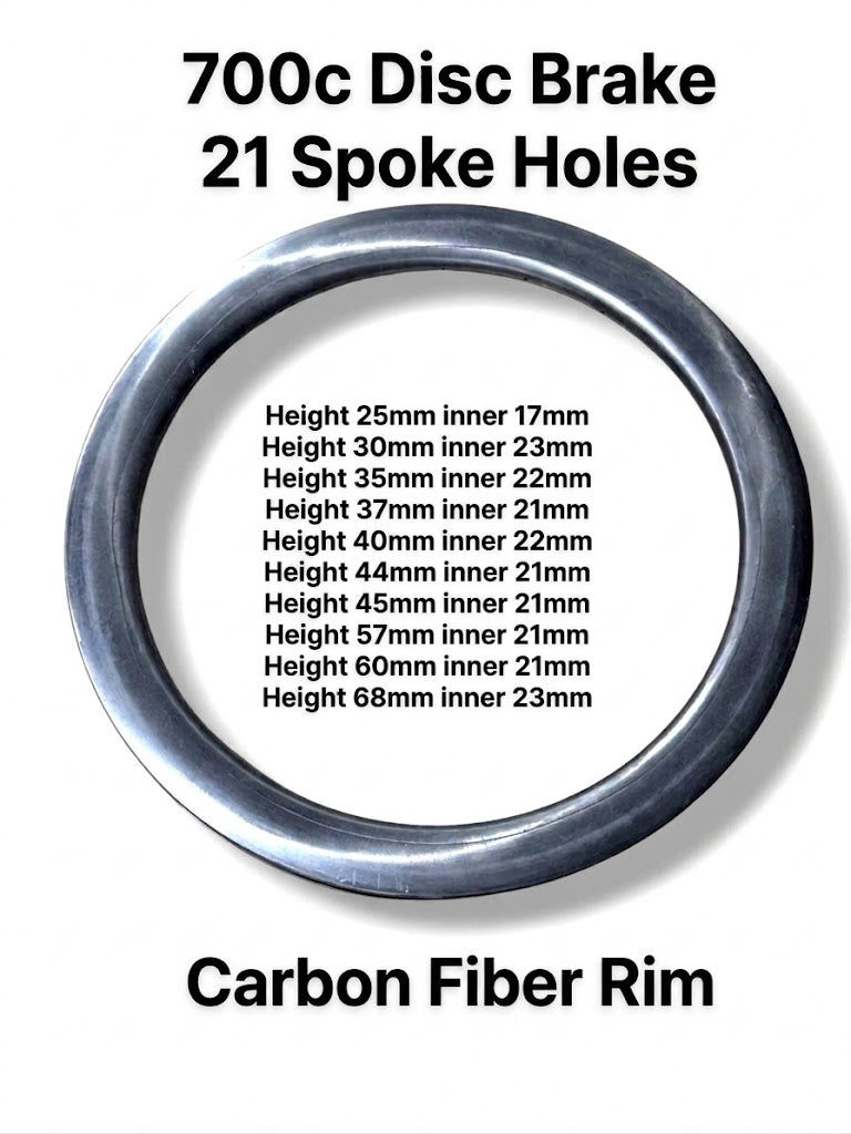Carbon rim for disc brakes, 700C 21-hole (various depths and inner widths available in options)