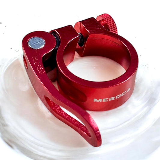 Meroca aluminum seatpost clamp, QR release pegs, 31.8mm and 34.9mm inner diameter, for use with 27.2mm and 31.6mm seatposts on bicycles