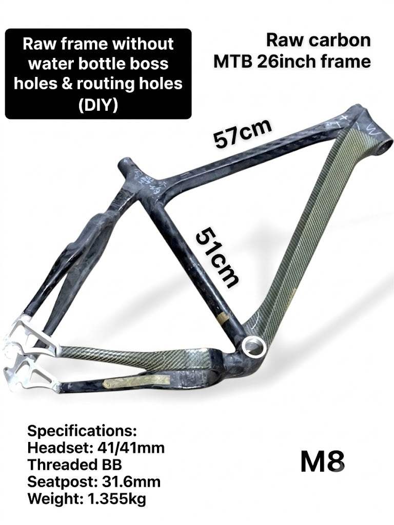 Raw Carbon MTB Frame 26inch (ST 51cm / TT 57cm) - M8 (FORK NOT INCLUDED, NO DERAILLEUR HANGER)