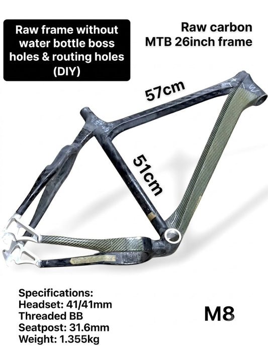 Raw Carbon MTB Frame 26inch (ST 51cm / TT 57cm) - M8 (FORK NOT INCLUDED, NO DERAILLEUR HANGER)