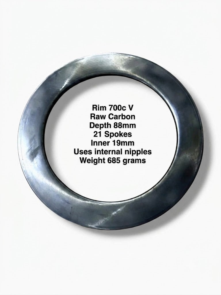 700C raw finish carbon rim, V-brake, 21-hole, 88mm depth, 19mm inner width, designed for internal nipples