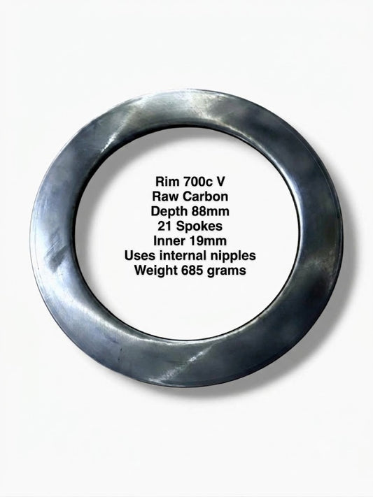 700C raw finish carbon rim, V-brake, 21-hole, 88mm depth, 19mm inner width, designed for internal nipples