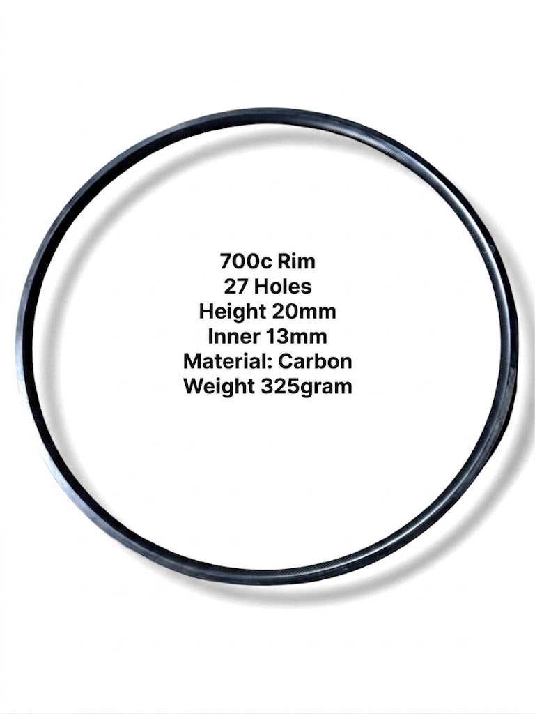 00C Carbon Bicycle Rim - V-Shape, 20mm Depth, 13mm Inner, 27H, Raw Finish