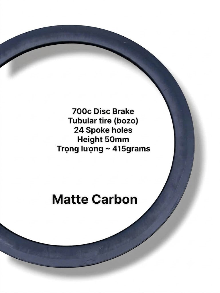 700C matte carbon disc brake rim, 24 spoke holes, 50mm depth, tubular type