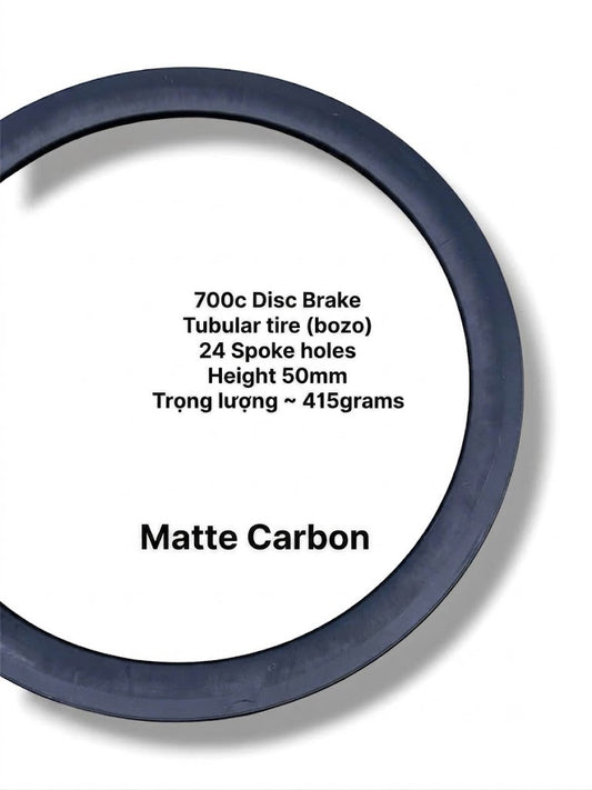 700C matte carbon disc brake rim, 24 spoke holes, 50mm depth, tubular type