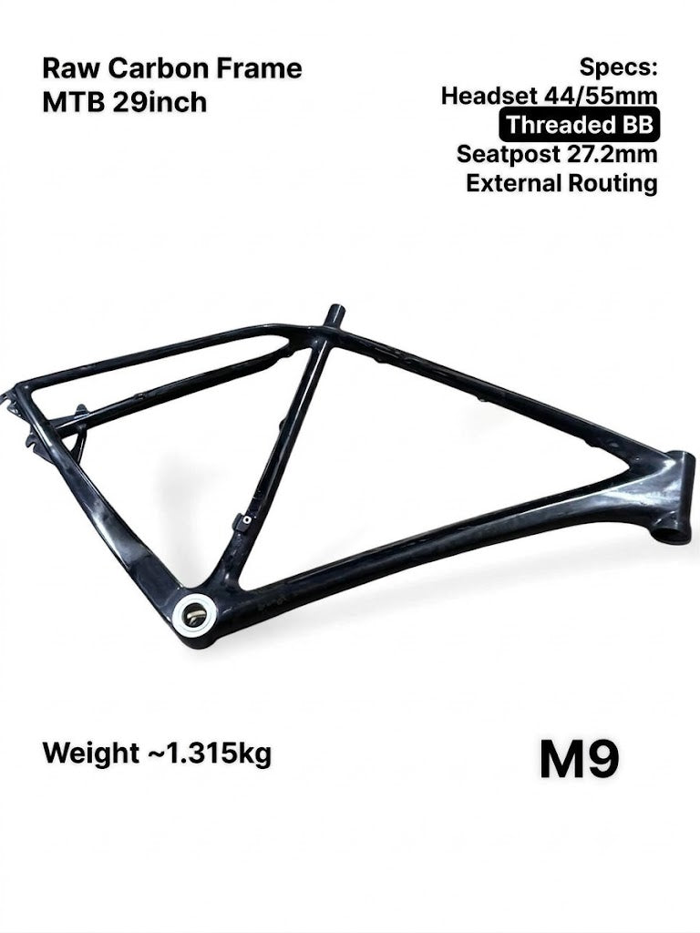 29inch Raw Carbon MTB Frame (Height 58.5cm / Top Tube 62cm) - M9 (NO FORK, NO DERAILLEUR HANGER INCLUDED)