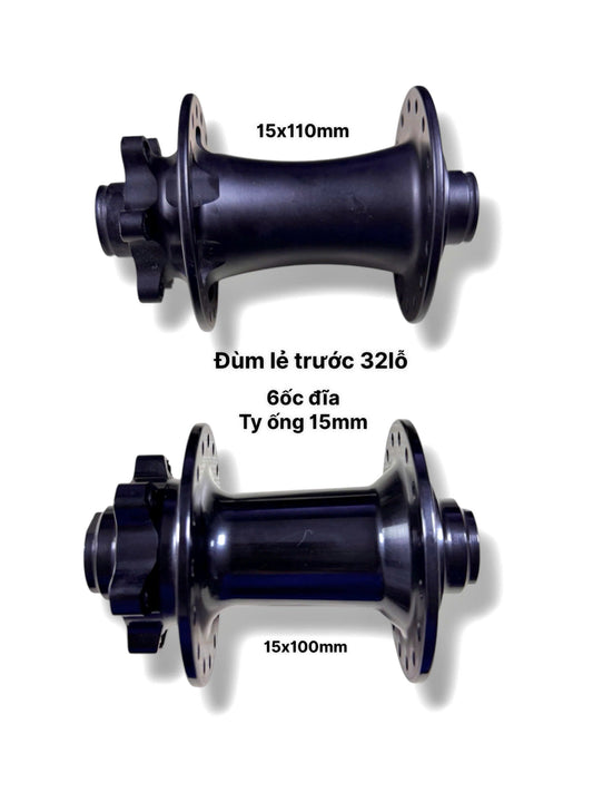 Single Front Bike Hub 32H, 6-Bolt, J-Bend, 15x100mm/110mm Thru-Axle (Axle Not Included, Front Only)