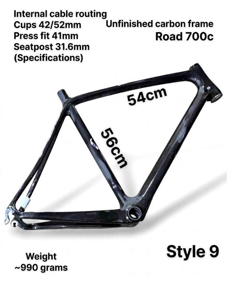Raw Carbon Road Bike Frame 700C (56cm ST x 54cm TT) - Type 9 (Fork Not Included) - Please Read Description Carefully