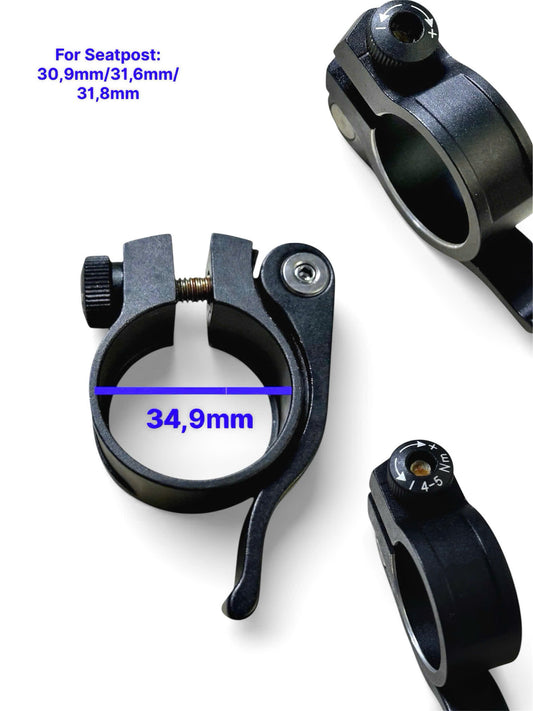 Aluminum seatpost clamp with QR code snap-on for bicycles, high quality.