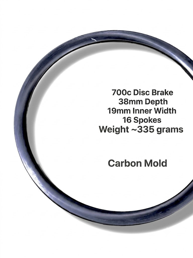 700C raw carbon disc brake rim, 16 holes, 38mm depth, 19mm inner width