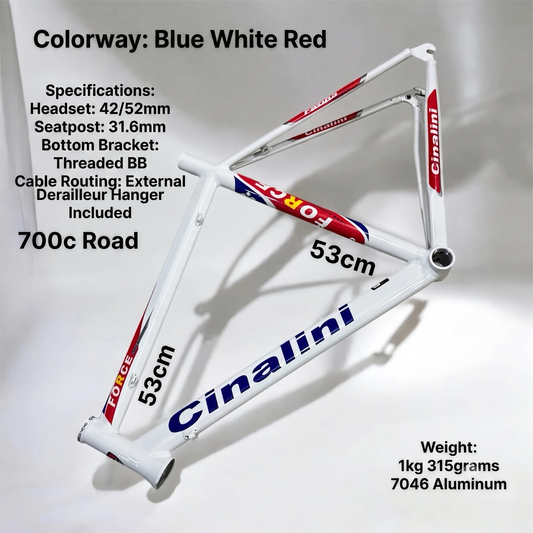 Cinalini Aluminum Bicycle Frame - Tricolor (Blue/White/Red) with Metallic Finish, Premium 7046 Aluminum alloy