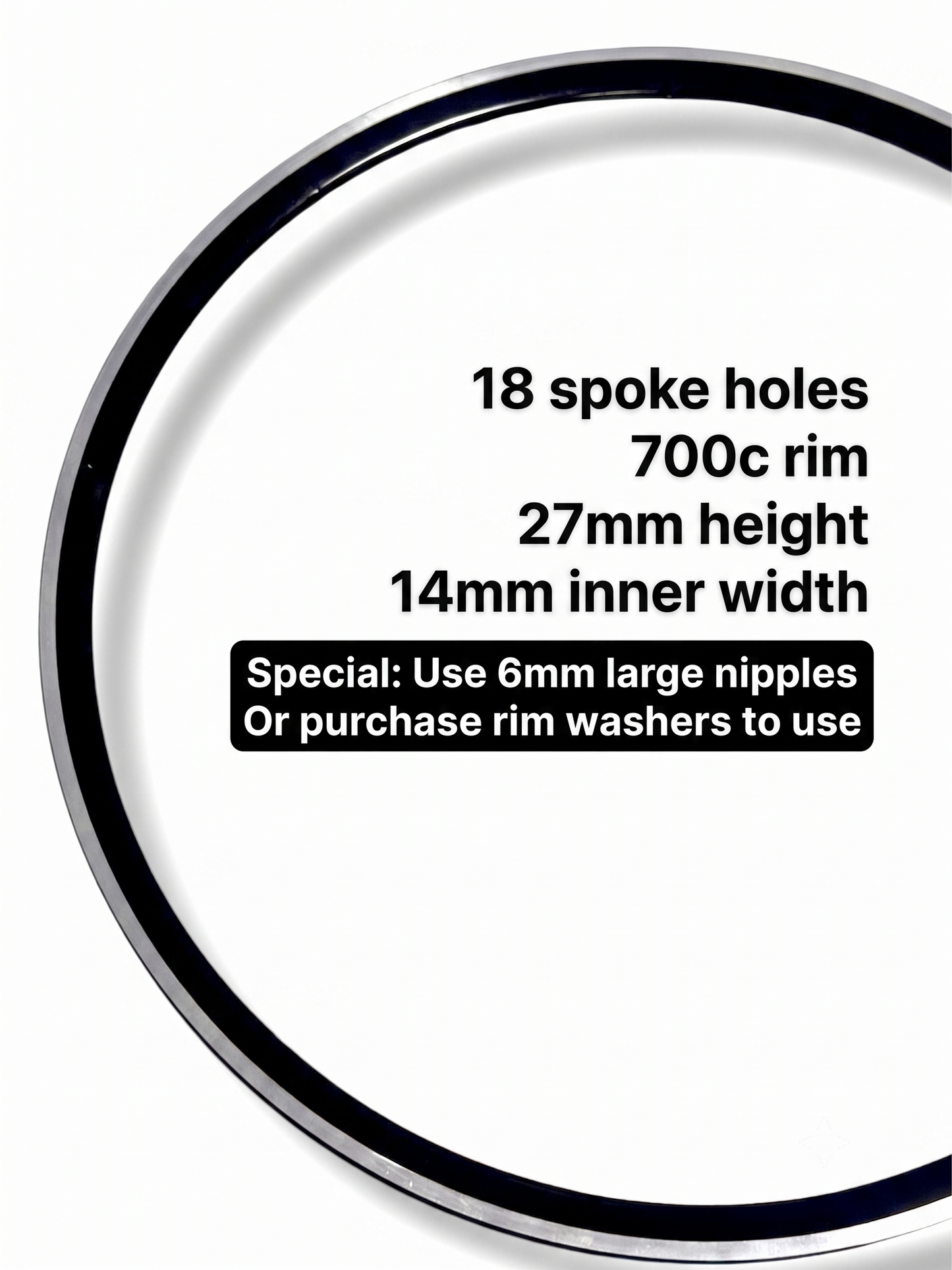 700C Aluminum Rim - 18 Holes, 27mm Depth, 14mm Internal Width (NOTE: REQUIRES 6MM OVERSIZED NIPPLES OR APPLICABLE RIM WASHERS)