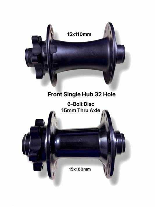 Single Front Bike Hub 32H, 6-Bolt, J-Bend, 15x100mm/110mm Thru-Axle (Axle Not Included, Front Only)